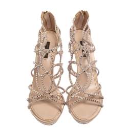 مملوكة مسبقًا Louis Vuitton Beige Satin, and  Suede Crystal Embellished Cut Out Sandals Size 39