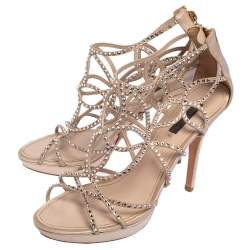 مملوكة مسبقًا Louis Vuitton Beige Satin, and  Suede Crystal Embellished Cut Out Sandals Size 39