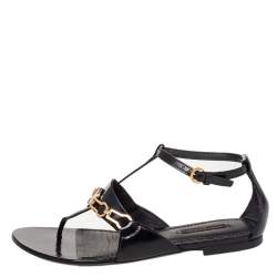 مملوكة مسبقًا صندل إصبع لوي فيتون جلد أسود سير كاحل مقاس 37.5