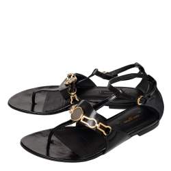 مملوكة مسبقًا صندل إصبع لوي فيتون جلد أسود سير كاحل مقاس 37.5