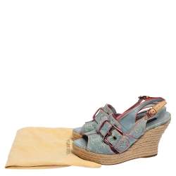 Pre Owned Louis Vuitton Bleached Monogram Denim Espadrille Wedge Slingback Sandals Size 37.5