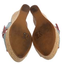Pre Owned Louis Vuitton Bleached Monogram Denim Espadrille Wedge Slingback Sandals Size 37.5