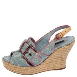 Pre Owned Louis Vuitton Bleached Monogram Denim Espadrille Wedge Slingback Sandals Size 37.5