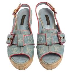 Pre Owned Louis Vuitton Bleached Monogram Denim Espadrille Wedge Slingback Sandals Size 37.5