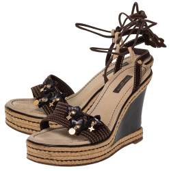 Pre Owned صندل إسبادريل لوي فيتون ملتف حول الكاحل نعل سميك كعب روكي مزخرف سويدي بني مقاس 37.5