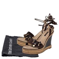 Pre Owned صندل إسبادريل لوي فيتون ملتف حول الكاحل نعل سميك كعب روكي مزخرف سويدي بني مقاس 37.5