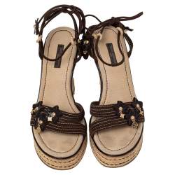 Pre Owned صندل إسبادريل لوي فيتون ملتف حول الكاحل نعل سميك كعب روكي مزخرف سويدي بني مقاس 37.5