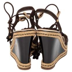 Pre Owned صندل إسبادريل لوي فيتون ملتف حول الكاحل نعل سميك كعب روكي مزخرف سويدي بني مقاس 37.5