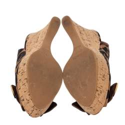 Pre Owned Louis Vuitton Beige/Brown Leopard Print Fabric Bow Cork Wedge Platform Slingback Sandals Size 36.5