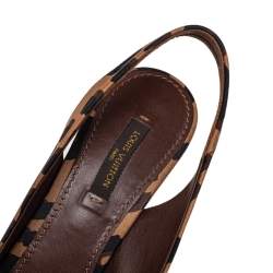 Pre Owned Louis Vuitton Beige/Brown Leopard Print Fabric Bow Cork Wedge Platform Slingback Sandals Size 36.5