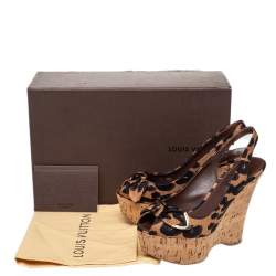 Pre Owned Louis Vuitton Beige/Brown Leopard Print Fabric Bow Cork Wedge Platform Slingback Sandals Size 36.5