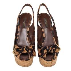 Pre Owned Louis Vuitton Beige/Brown Leopard Print Fabric Bow Cork Wedge Platform Slingback Sandals Size 36.5