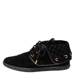 Pre Owned  Louis Vuitton Black Suede Monogram Collar Espadrille Sneakers Size 37
