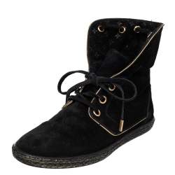 Pre Owned  Louis Vuitton Black Suede Monogram Collar Espadrille Sneakers Size 37