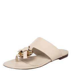Pre Owned Louis Vuitton Off White Leather Embellished Thong Flats Size 37
