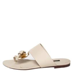 Pre Owned Louis Vuitton Off White Leather Embellished Thong Flats Size 37