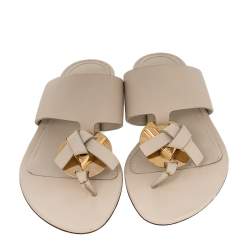 Pre Owned Louis Vuitton Off White Leather Embellished Thong Flats Size 37
