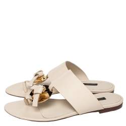Pre Owned Louis Vuitton Off White Leather Embellished Thong Flats Size 37