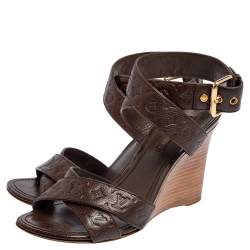 Pre Owned Louis Vuitton Brown Monogram Empreinte Leather Criss Cross Wedge Ankle Strap Sandals Size 37