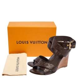 Pre Owned Louis Vuitton Brown Monogram Empreinte Leather Criss Cross Wedge Ankle Strap Sandals Size 37