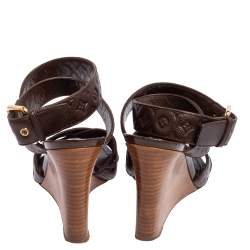 Pre Owned Louis Vuitton Brown Monogram Empreinte Leather Criss Cross Wedge Ankle Strap Sandals Size 37