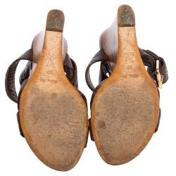 Pre Owned Louis Vuitton Brown Monogram Empreinte Leather Criss Cross Wedge Ankle Strap Sandals Size 37