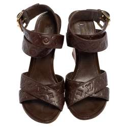 Pre Owned Louis Vuitton Brown Monogram Empreinte Leather Criss Cross Wedge Ankle Strap Sandals Size 37