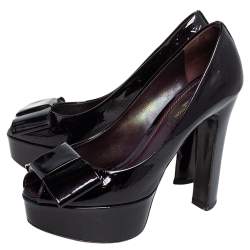 Pre Owned حذاء كعب عالي لوي فيتون نعل سميك مقدمة مفتوحة فيونكة جلد فيرنيه مونوغرامي أسود مقاس 36