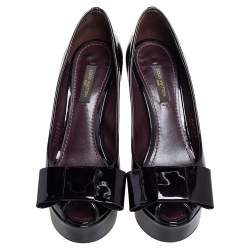 Pre Owned حذاء كعب عالي لوي فيتون نعل سميك مقدمة مفتوحة فيونكة جلد فيرنيه مونوغرامي أسود مقاس 36