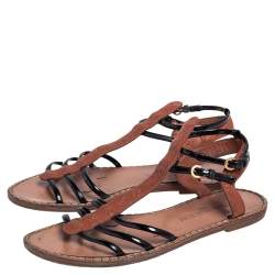 مملوكة مسبقًا صندل فلات لوي فيتون بسيور مزين بشعار الماركة جلد وجلد لاع بني/ أسود مقاس 37.5