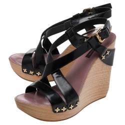 مملوكة مسبقًا صندل لوي فيتون جلد أسود لامع سير كاحل نعل سميك كعب روكي سيور متعاكسة مقاس 38.5