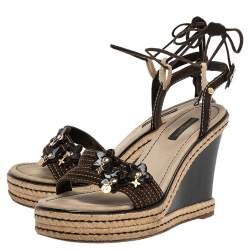 Pre Owned Louis Vuitton Brown Suede Wedge Ankle Wrap Sandals Size 38