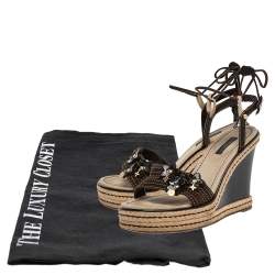 Pre Owned Louis Vuitton Brown Suede Wedge Ankle Wrap Sandals Size 38