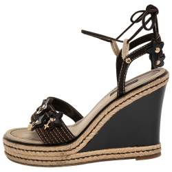 Pre Owned Louis Vuitton Brown Suede Wedge Ankle Wrap Sandals Size 38