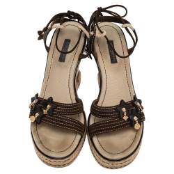 Pre Owned Louis Vuitton Brown Suede Wedge Ankle Wrap Sandals Size 38