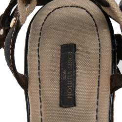 Pre Owned Louis Vuitton Brown Suede Wedge Ankle Wrap Sandals Size 38