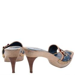 مملوكة مسبقًا Louis Vuitton Blue/Beige Monogram Denim And Leather Bow Detail Slides Sandals Size 38.5