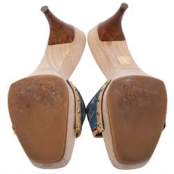 مملوكة مسبقًا Louis Vuitton Blue/Beige Monogram Denim And Leather Bow Detail Slides Sandals Size 38.5