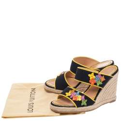 Pre Owned Louis Vuitton Black/Yellow Canvas And Patent Leather Trim Flowers Wedge Espadrilles Sandal Size 37