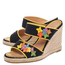 Pre Owned Louis Vuitton Black/Yellow Canvas And Patent Leather Trim Flowers Wedge Espadrilles Sandal Size 37