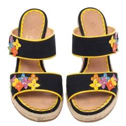 Pre Owned Louis Vuitton Black/Yellow Canvas And Patent Leather Trim Flowers Wedge Espadrilles Sandal Size 37