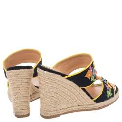Pre Owned Louis Vuitton Black/Yellow Canvas And Patent Leather Trim Flowers Wedge Espadrilles Sandal Size 37