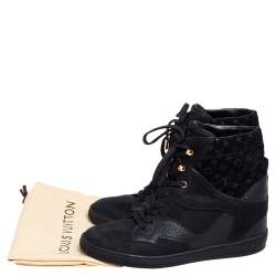 Pre Owned Louis Vuitton Black Monogram Suede and Leather Cliff Top Lace Up Sneakers Size 40