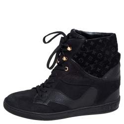 Pre Owned Louis Vuitton Black Monogram Suede and Leather Cliff Top Lace Up Sneakers Size 40