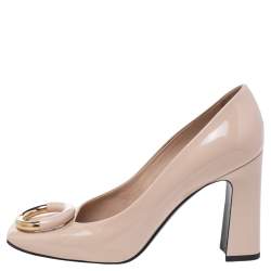 Pre Owned حذاء كعب عالي لوي فيتون مادلين جلد بيج لامع مزين بالشعار وكعب مربع سميك مقاس 36