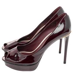 Louis Vuitton Burgundy Patent Leather Eyeline Peep Toe Platform Pumps Size 39