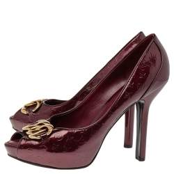 Louis Vuitton Burgundy Monogram Patent Leather Chain Detail Peep Toe Platform Pumps Size 40