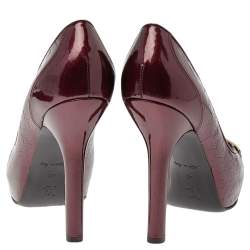 Louis Vuitton Burgundy Monogram Patent Leather Chain Detail Peep Toe Platform Pumps Size 40