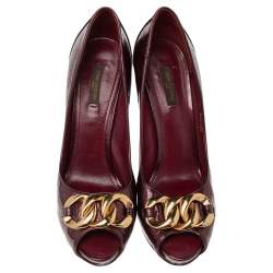 Louis Vuitton Burgundy Monogram Patent Leather Chain Detail Peep Toe Platform Pumps Size 40
