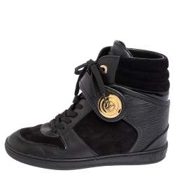 Louis Vuitton Black Epi Leather and Suede Wedge Sneakers Size 37